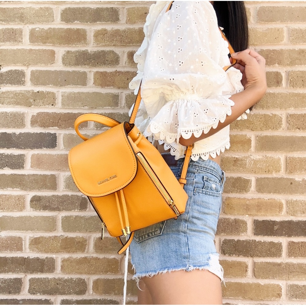 Michael Kors Yellow Smooth Leather Flap Drawstring Backpack - Picture 2 of 3